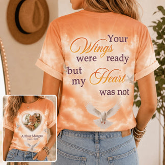 Orange tie dye memorial t-shirt with custom photo, name, dates, and religious dove design for sympathy gift giving.