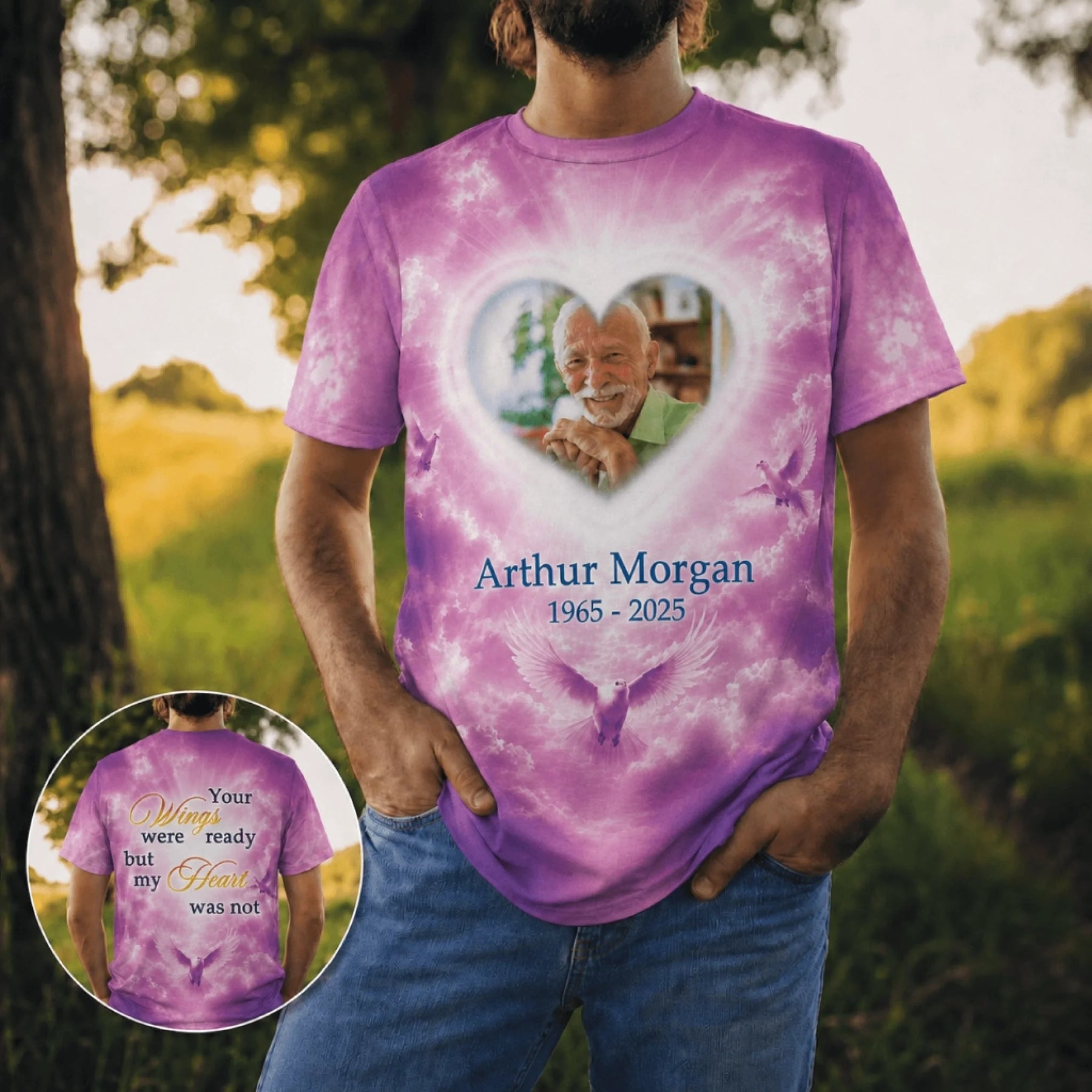Men wearing a custom memorial t-shirt with a heart photo frame, doves, and memorial text on purple sky.