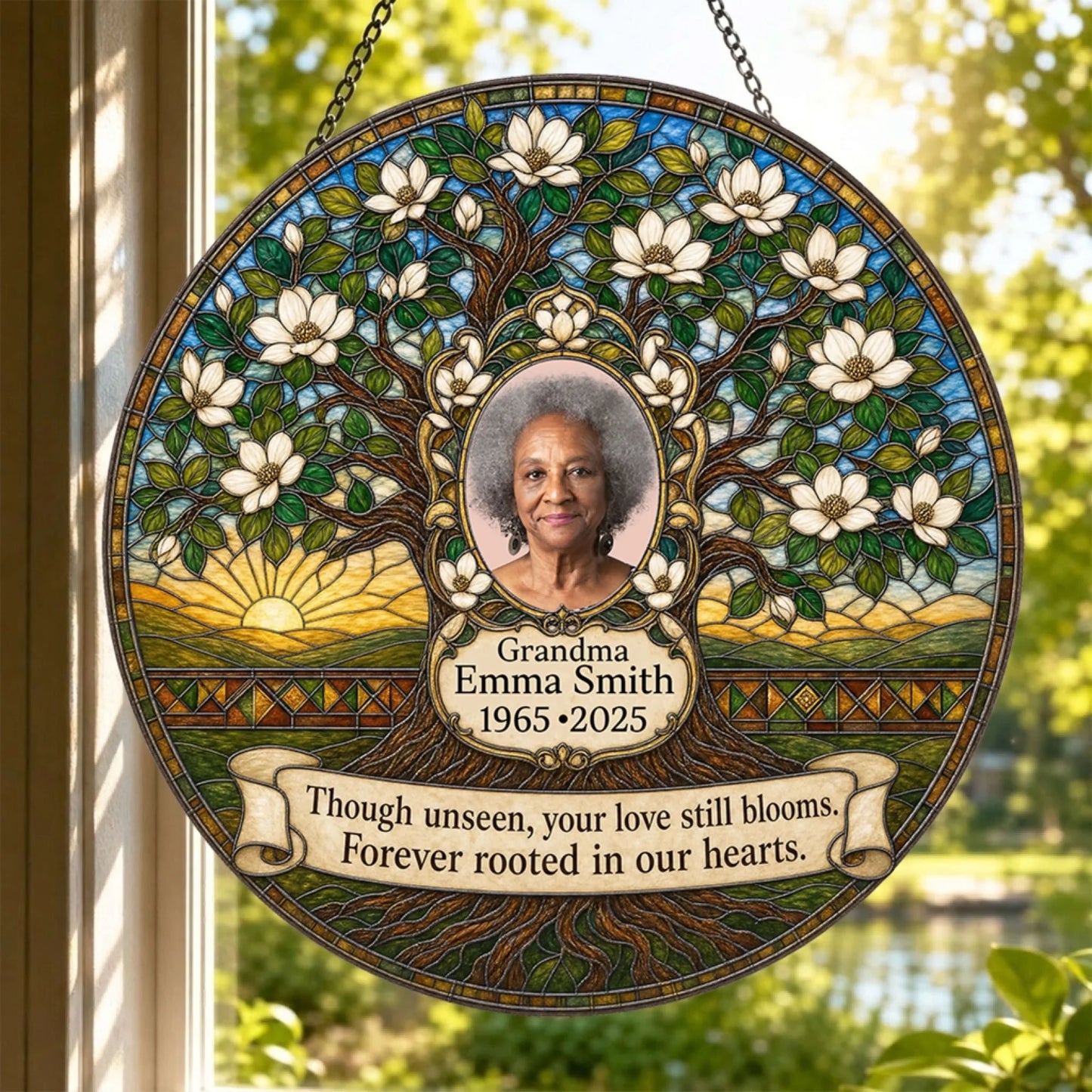 A beautiful custom memorial tree of life suncatcher hanging in a window, serving as a heartfelt sympathy gift to remember family.