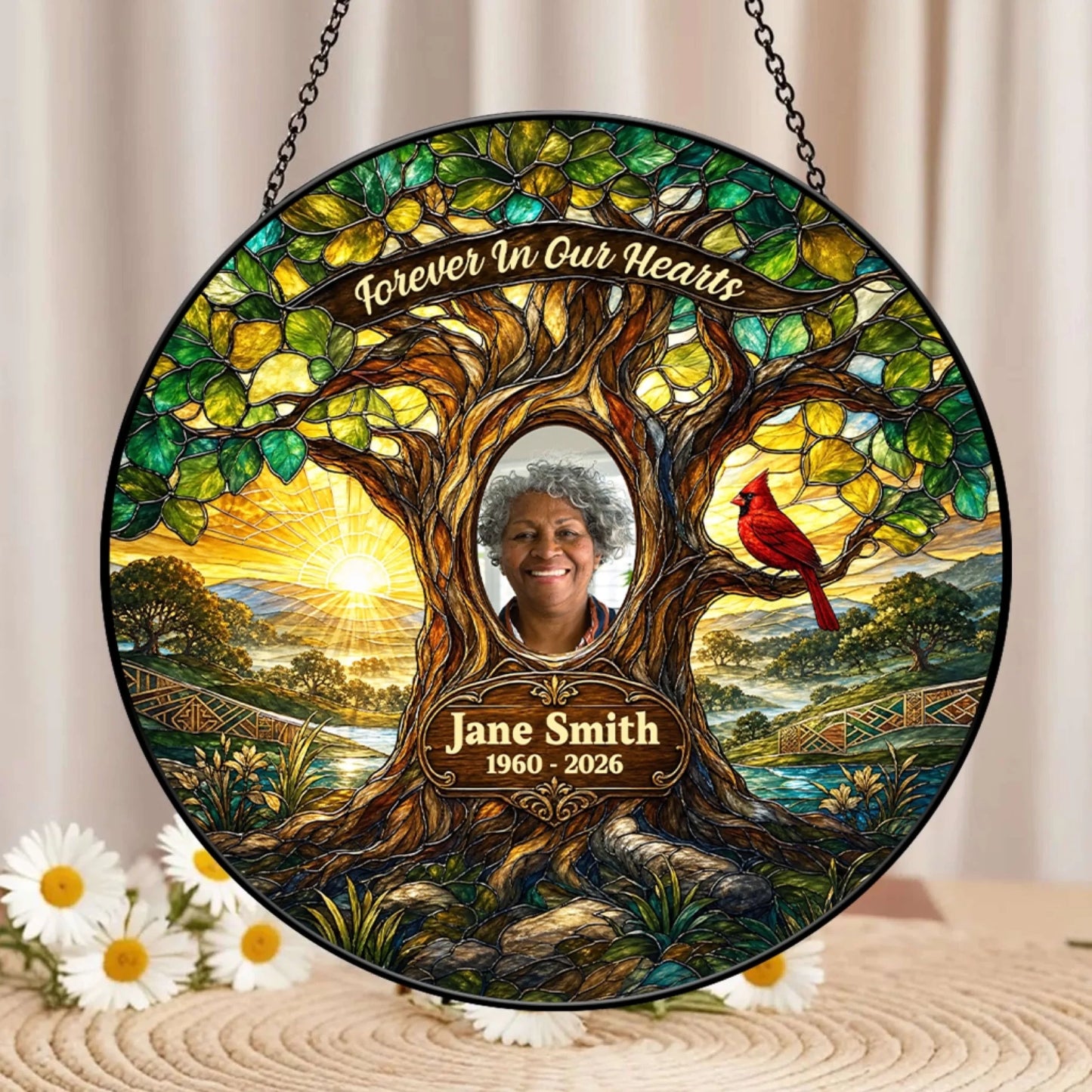 Round stained glass memorial suncatcher with cardinal design, personalized with a photo and commemorative dates