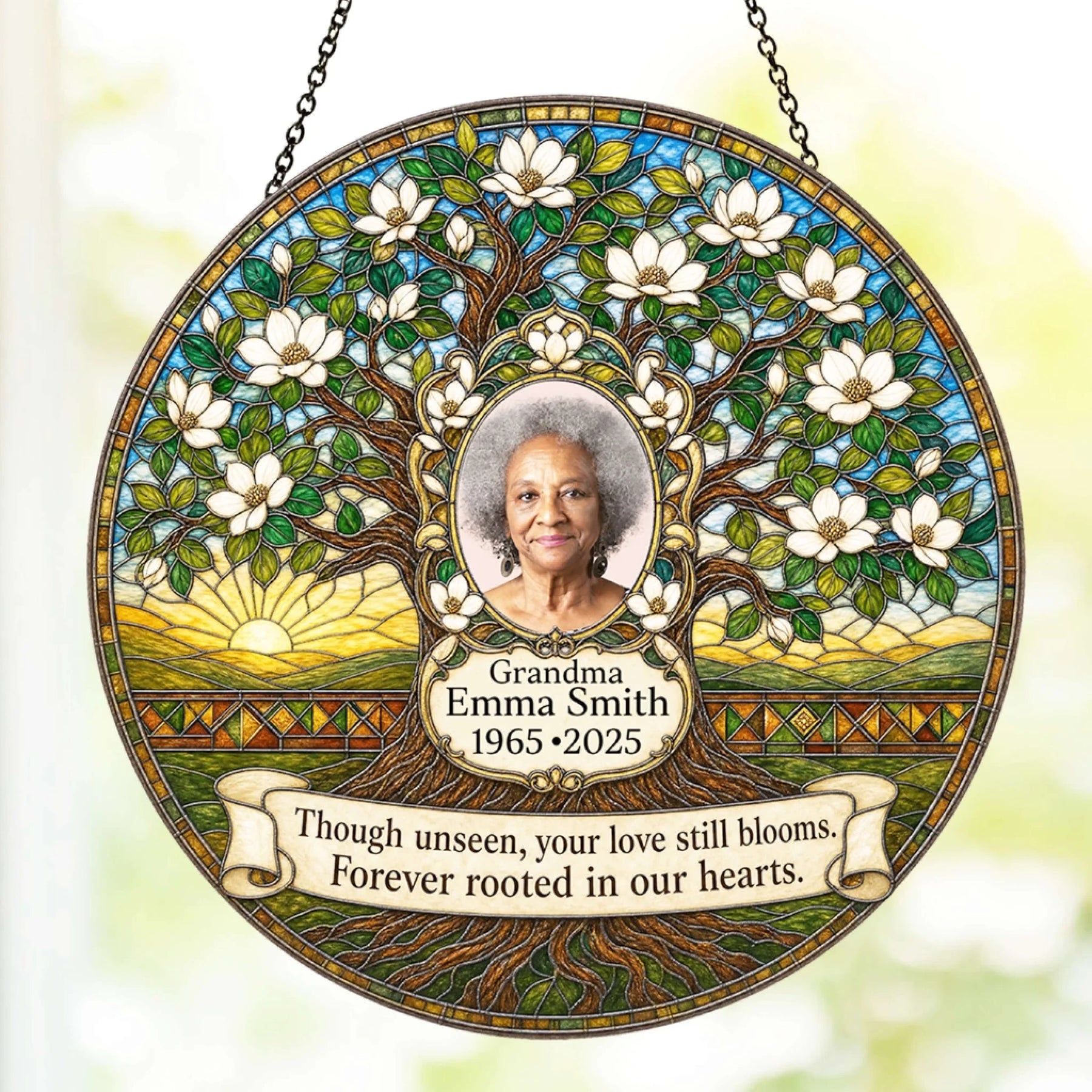 Stained glass style acrylic suncatcher memorial gift personalized with custom photo name and dates of a beloved grandmother.