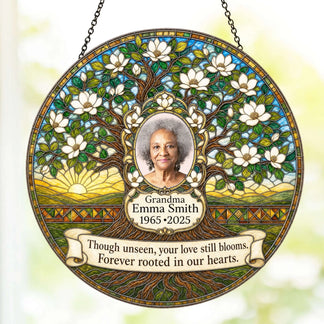 Stained glass style acrylic suncatcher memorial gift personalized with custom photo name and dates of a beloved grandmother.