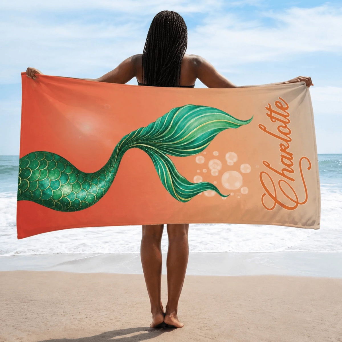 Personalized mermaid beach towel featuring a green tail illustration and custom name Charlotte for summer gifts.
