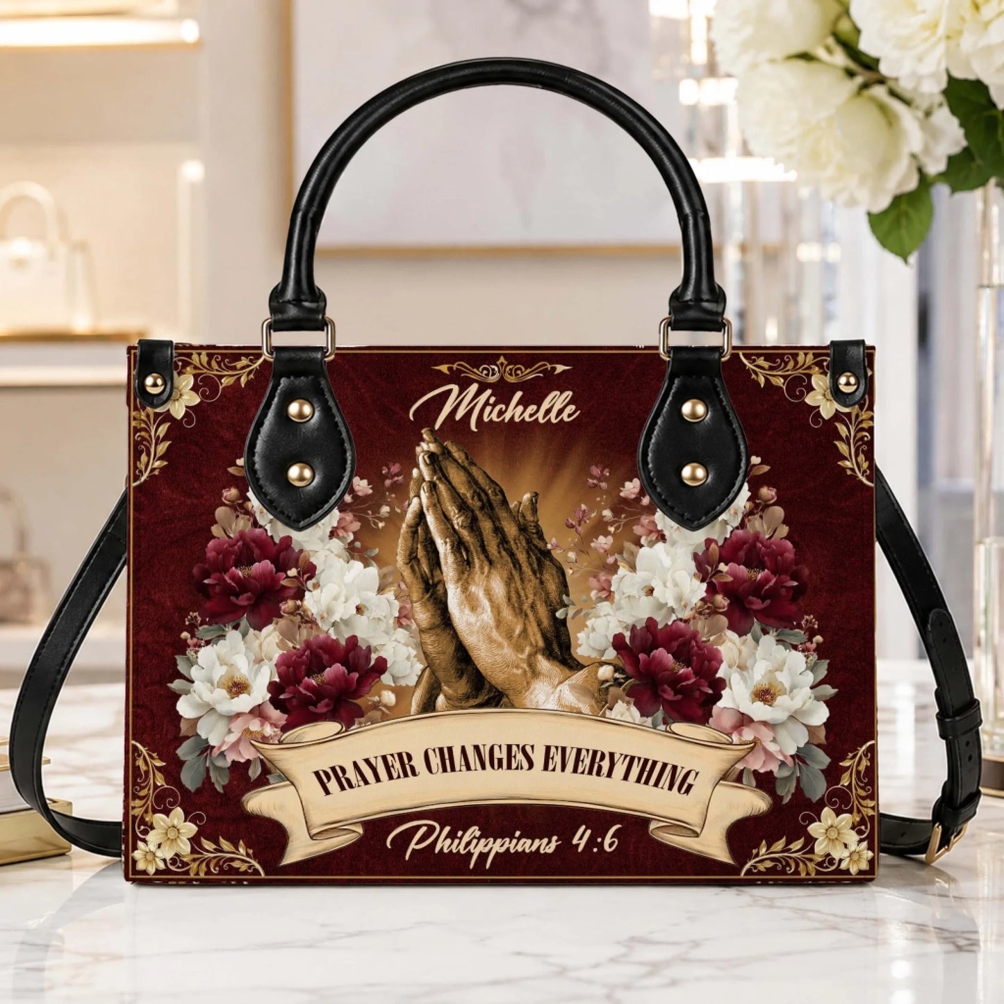 Custom Michelle handbag featuring praying hands, floral design, and Prayer Changes Everything Philippians 4 6 quote.
