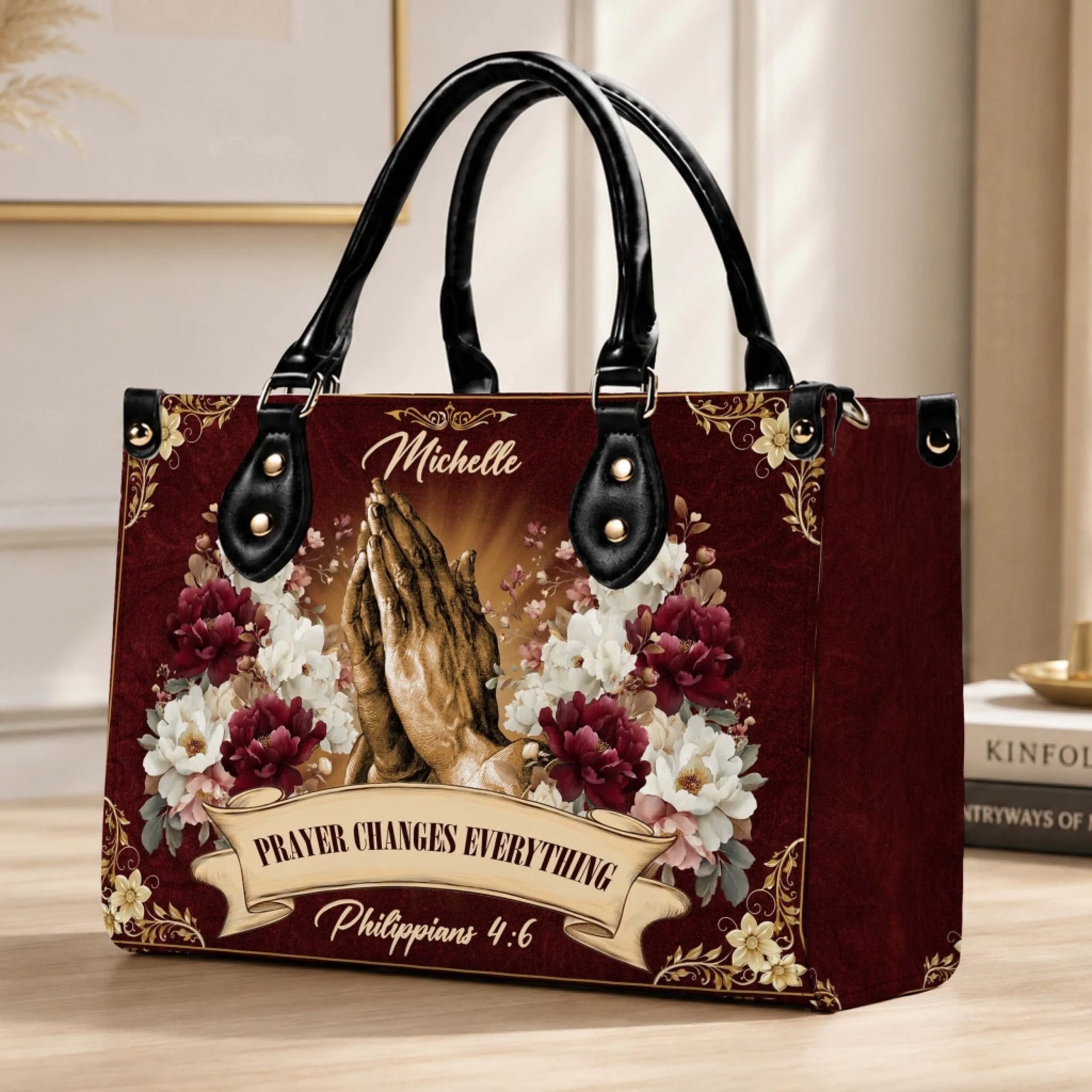 Christian tote bag personalized with Michelle, featuring praying hands, floral art, and Philippians 4 6 scripture.