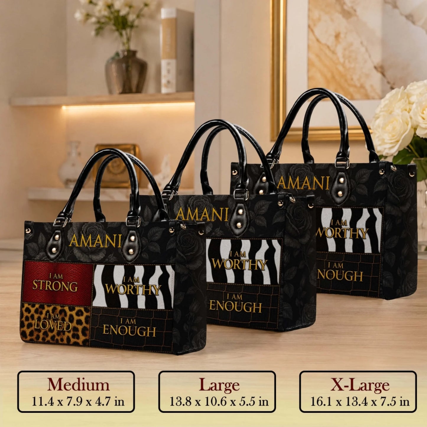 Three sizes of a personalized Amani tote bag featuring floral patterns, animal prints, and inspirational text displays.