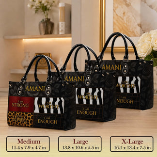 Three sizes of a personalized Amani tote bag featuring floral patterns, animal prints, and inspirational text displays.