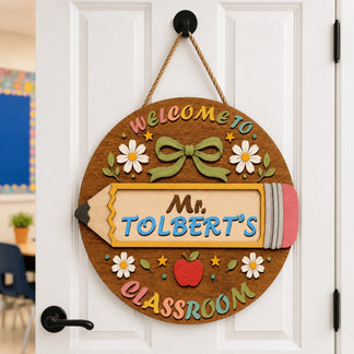Personalized teacher classroom door sign featuring a whimsical pencil design, suitable for back to school gifting.