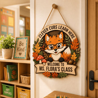 A personalized wooden sign for Ms. Flora's classroom with a fox illustration, perfect for back to school decor.
