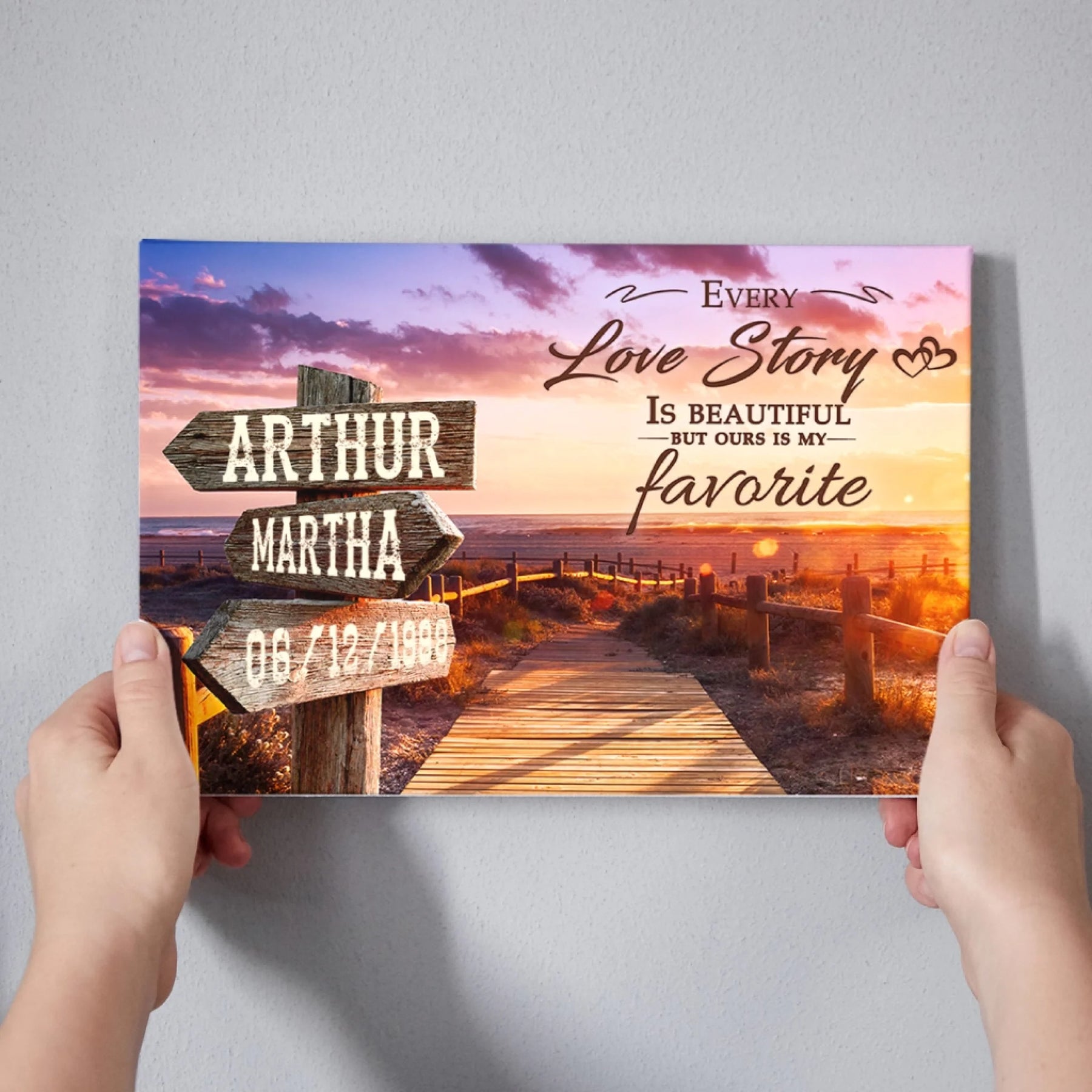 A personalized canvas art print showing a beach pathway and custom directional signs with couple names and date for romantic home decor.
