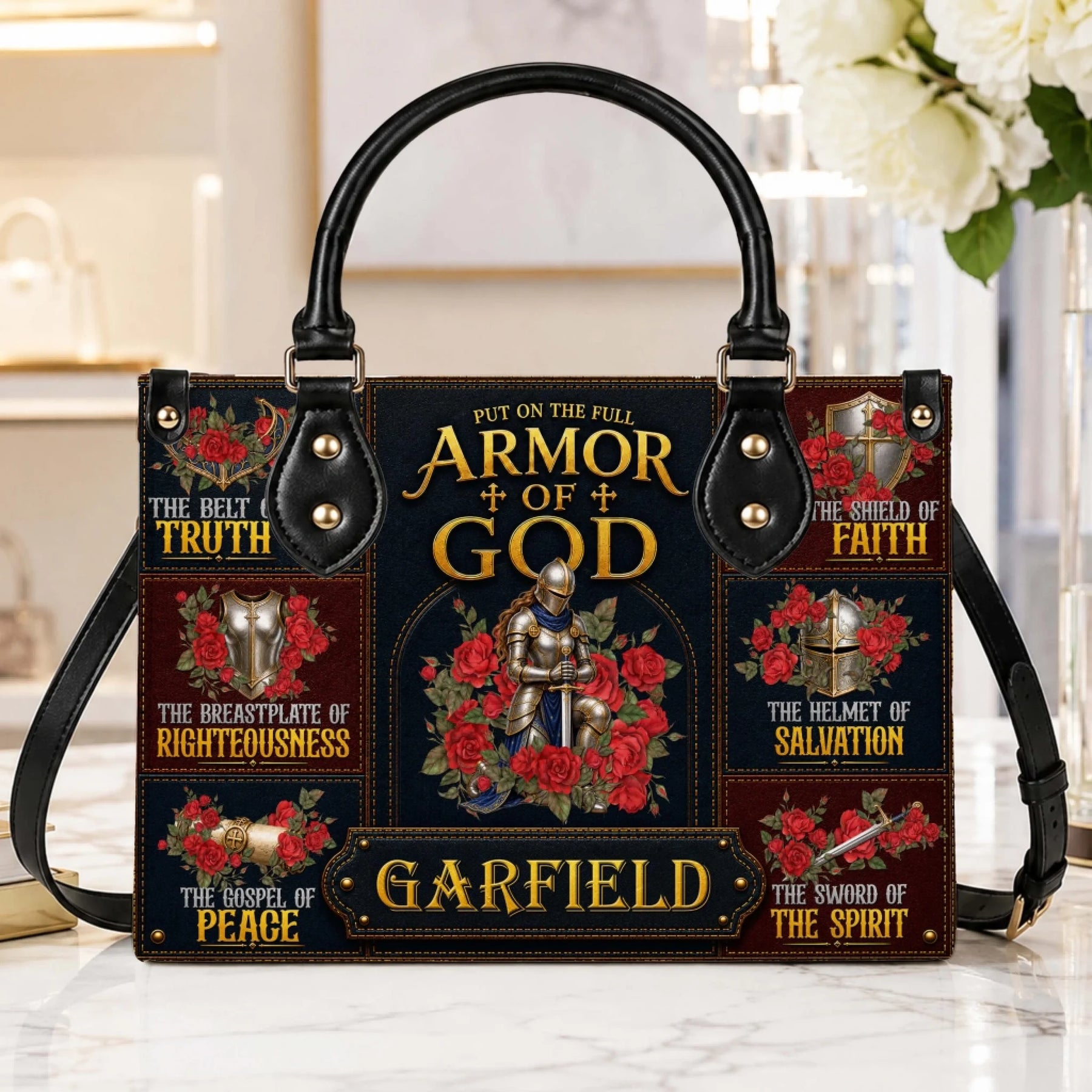 Spacious Armor of God tote bag featuring the Armor of God verses and floral knight print with the custom name Garfield.