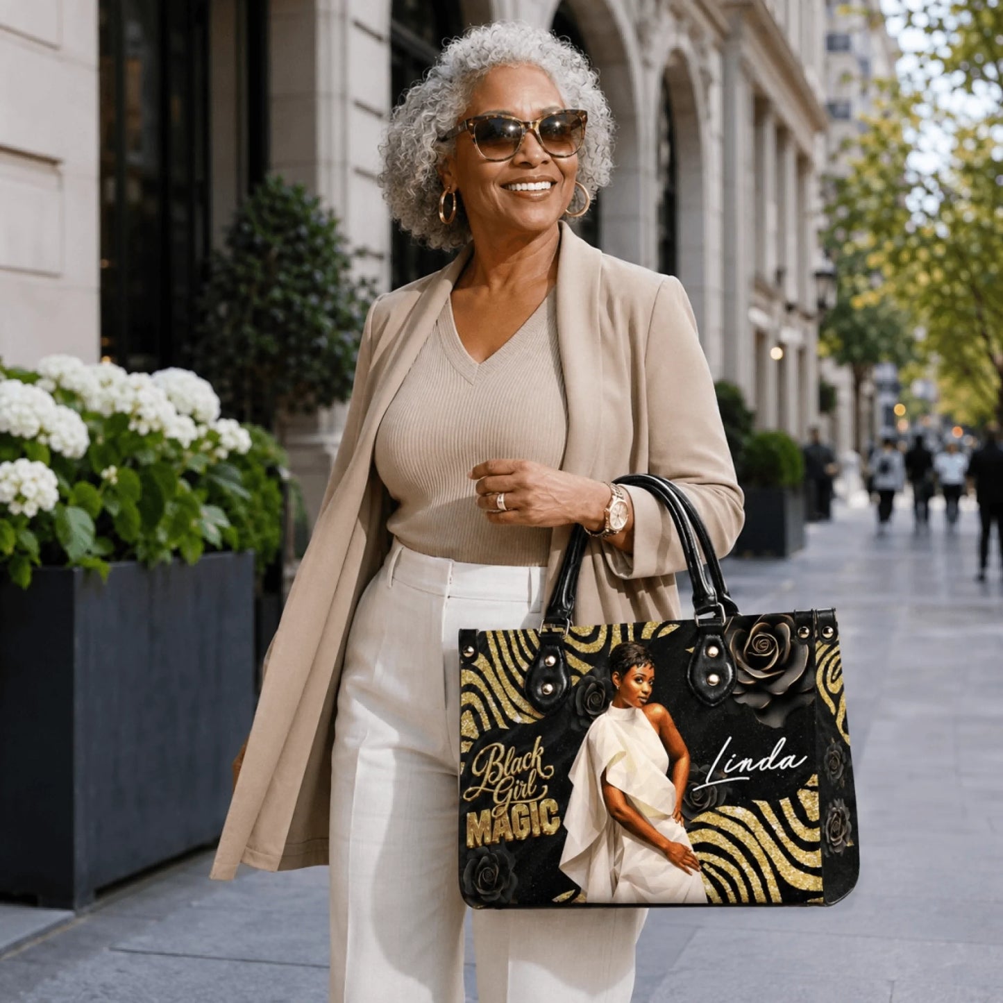 Elegant personalized Black Girl Magic tote bag with custom name Linda, perfect for stylish everyday accessory.