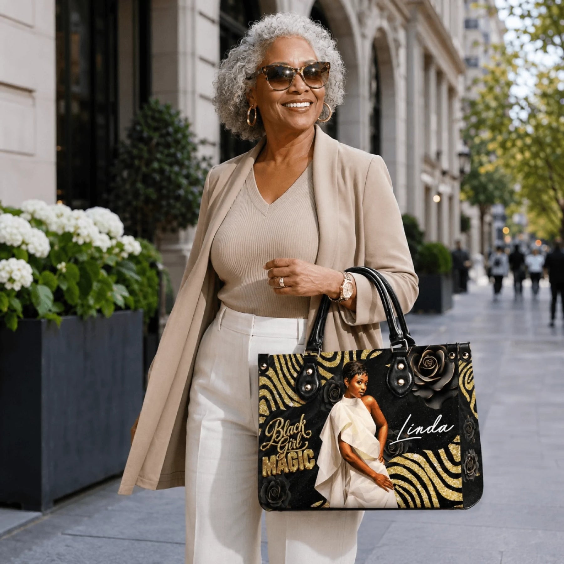 Elegant personalized Black Girl Magic tote bag with custom name Linda, perfect for stylish everyday accessory.