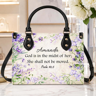 Elegant leather handbag decorated with purple flowers and Psalm 46 5 Bible verse, personalized with the name Amanda.