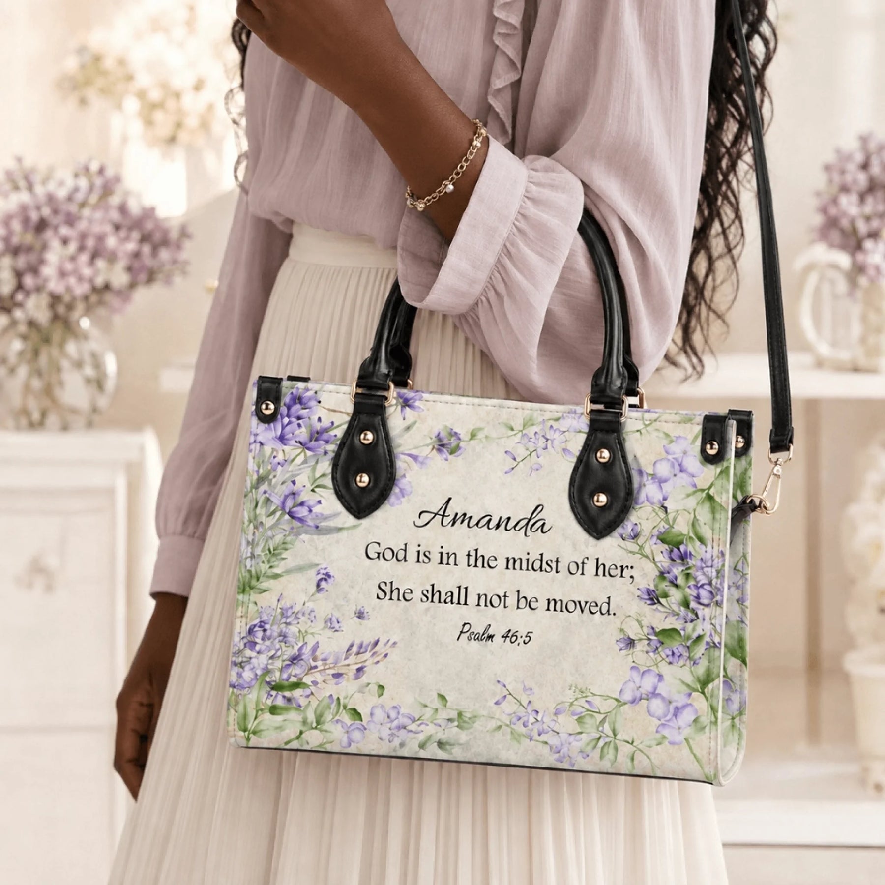 Personalized floral tote bag printed with Psalm 46 5 and custom name Amanda, perfect as an inspirational religious gift.