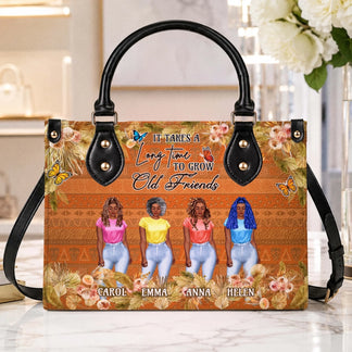 A custom handbag showcasing four friends with personalized names and floral accents, designed for friendship gifts.