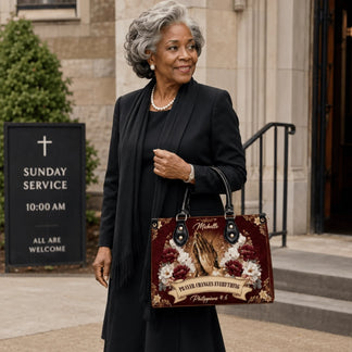 Personalized church handbag with custom Michelle name and religious design inspired by Philippians 4 6 scripture.