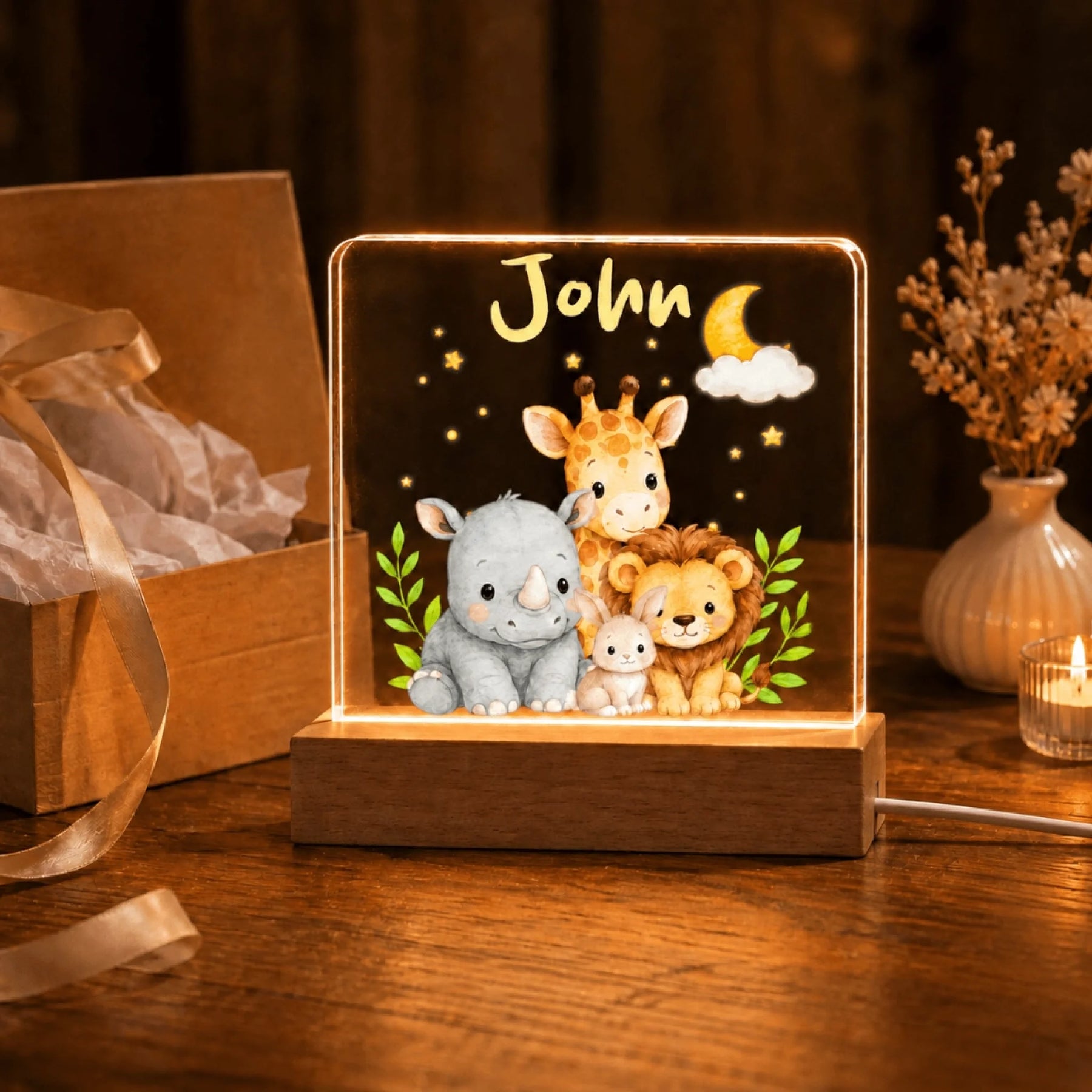 Acrylic LED night light for kids with personalized name and cute safari baby animals perfect for baby shower gift.
