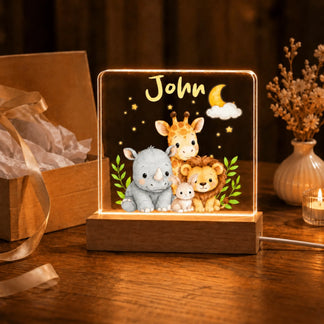 Acrylic LED night light for kids with personalized name and cute safari baby animals perfect for baby shower gift.