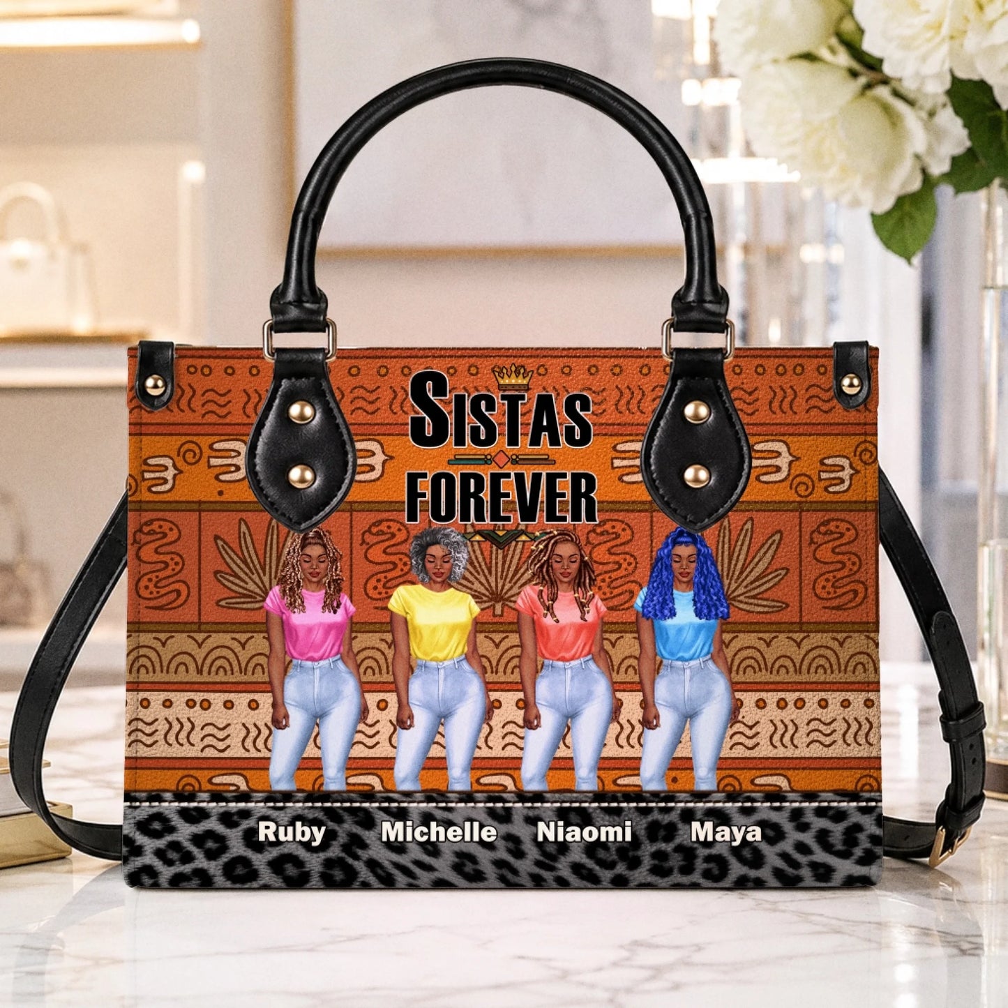 Custom name Sistas Forever handbag with leopard print base and tribal pattern, perfect gift for best friends.