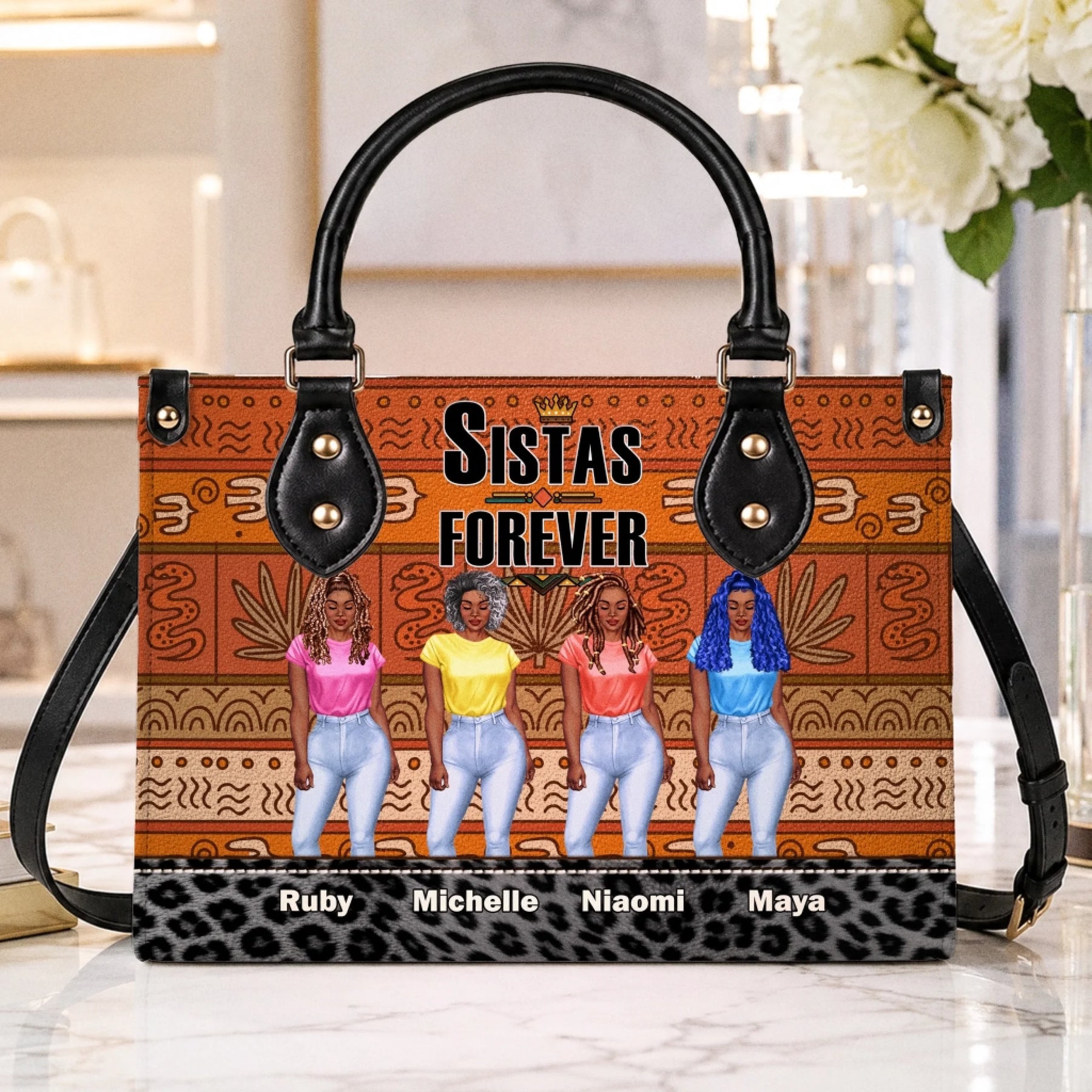 Custom name Sistas Forever handbag with leopard print base and tribal pattern, perfect gift for best friends.