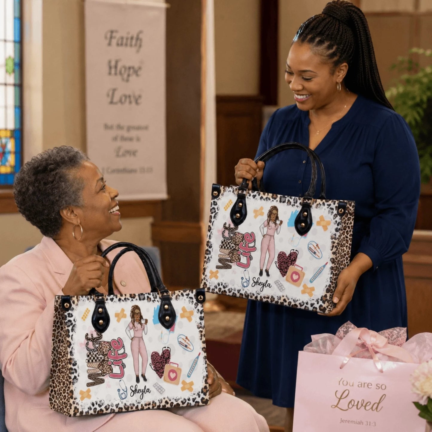Women holding personalized leopard print nurse handbags as a thoughtful appreciation gift with a custom name.