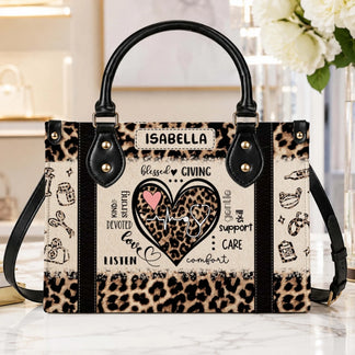 Elegant custom nurse handbag featuring leopard print patterns and medical symbols designed as a thoughtful gift for nursing professionals.