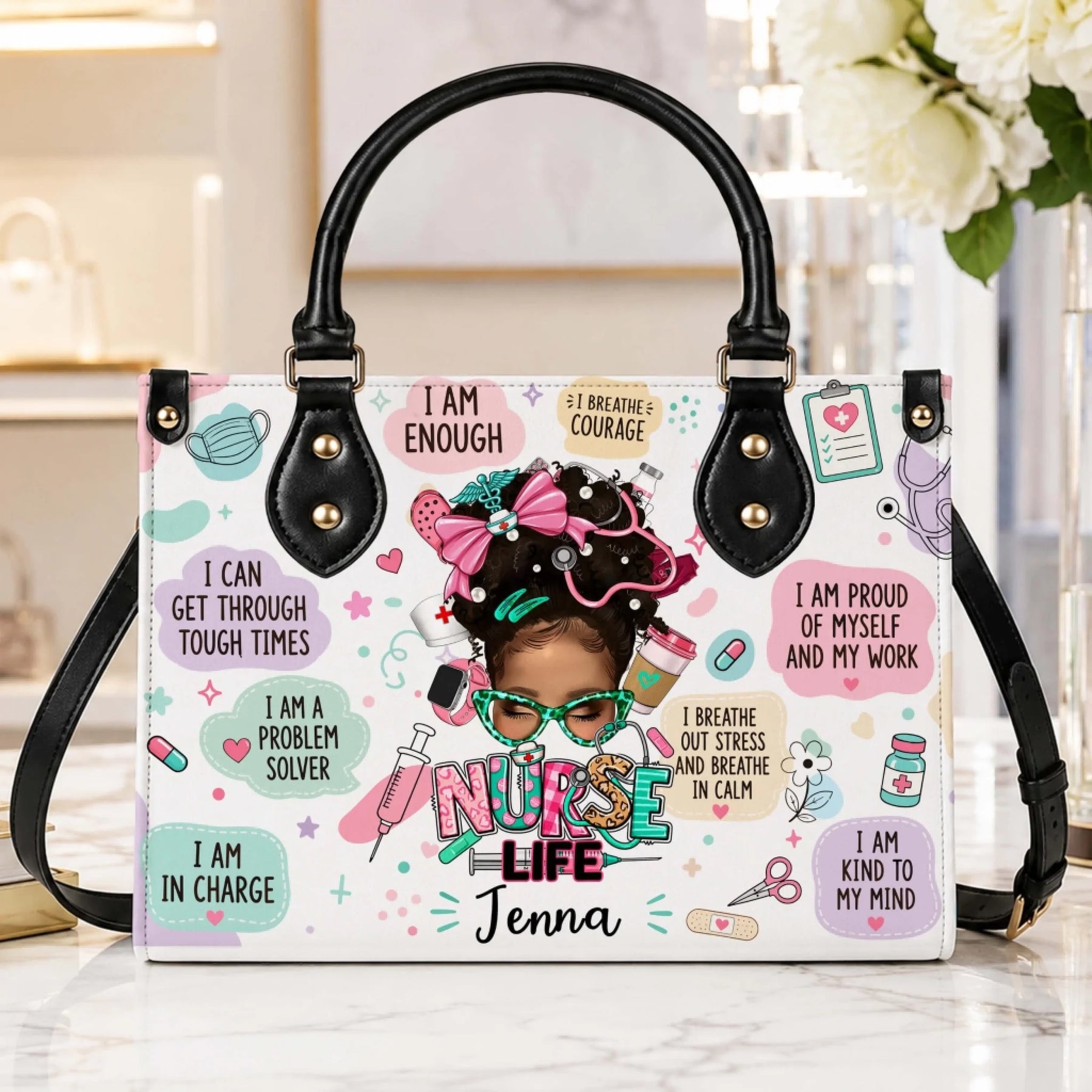 Custom Nurse Life handbag with a personalized name and medical themed graphics, an ideal gift for professional nurses.
