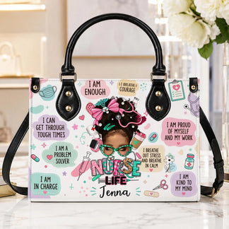 Custom Nurse Life handbag with a personalized name and medical themed graphics, an ideal gift for professional nurses.
