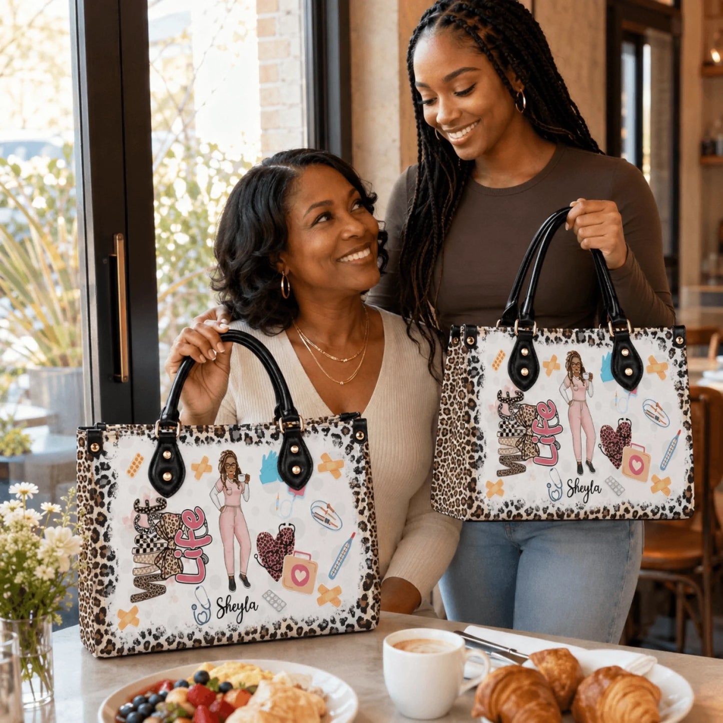 Two women holding personalized nurse life handbags with leopard print accents and the custom name Sheyla.