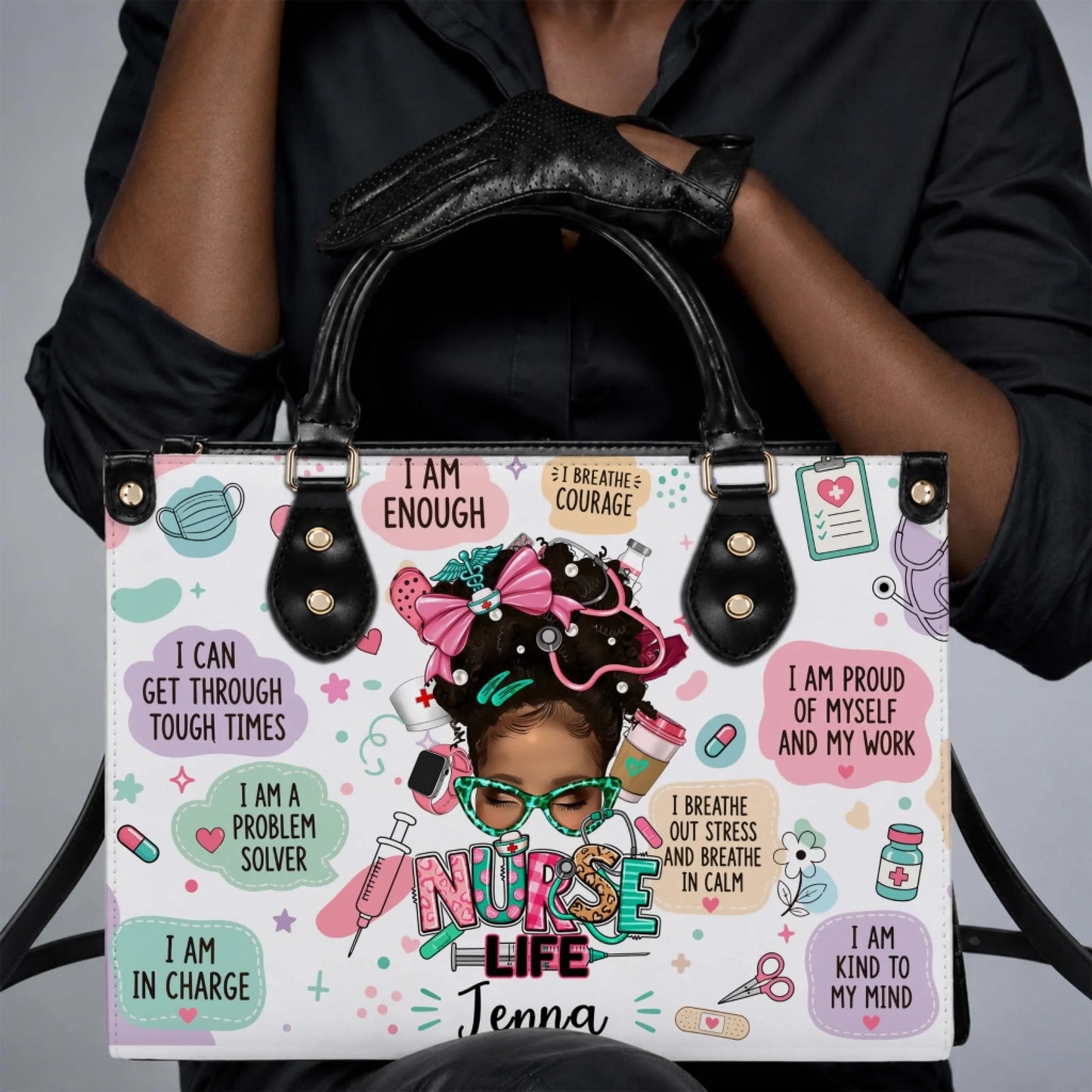 Close up of a custom nurse life tote bag with motivational quotes and medical illustrations held by a woman