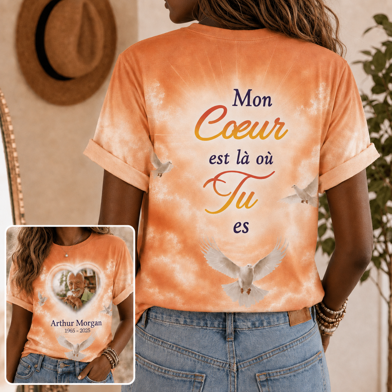 Personalized orange memorial t-shirt featuring a custom photo, name, and a French sympathy quote for a loved one.
