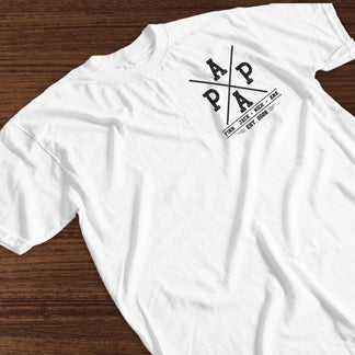 A close-up of a personalized white Papa fishing t-shirt with custom kids names and the established year 2026.