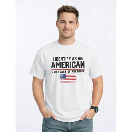 Man wearing a white t-shirt with American-themed text and flag design on a white background