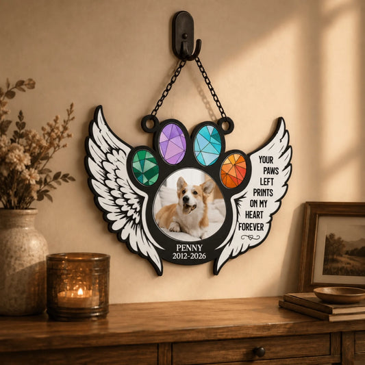 Decorative pet loss memorial hanging ornament with a custom dog photo, angel wings, and sentimental quote for grieving pet owners.