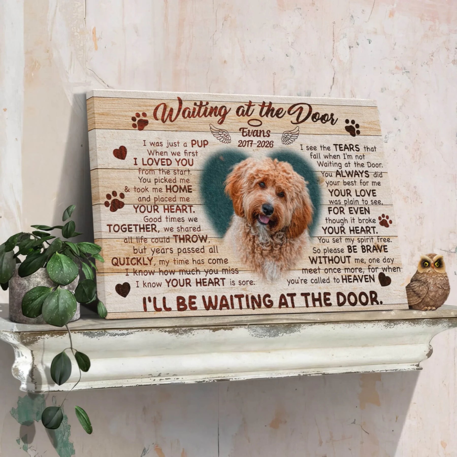 Personalized memorial canvas for dogs, featuring a custom pet photo and touching poem as a tribute to a loyal pet.
