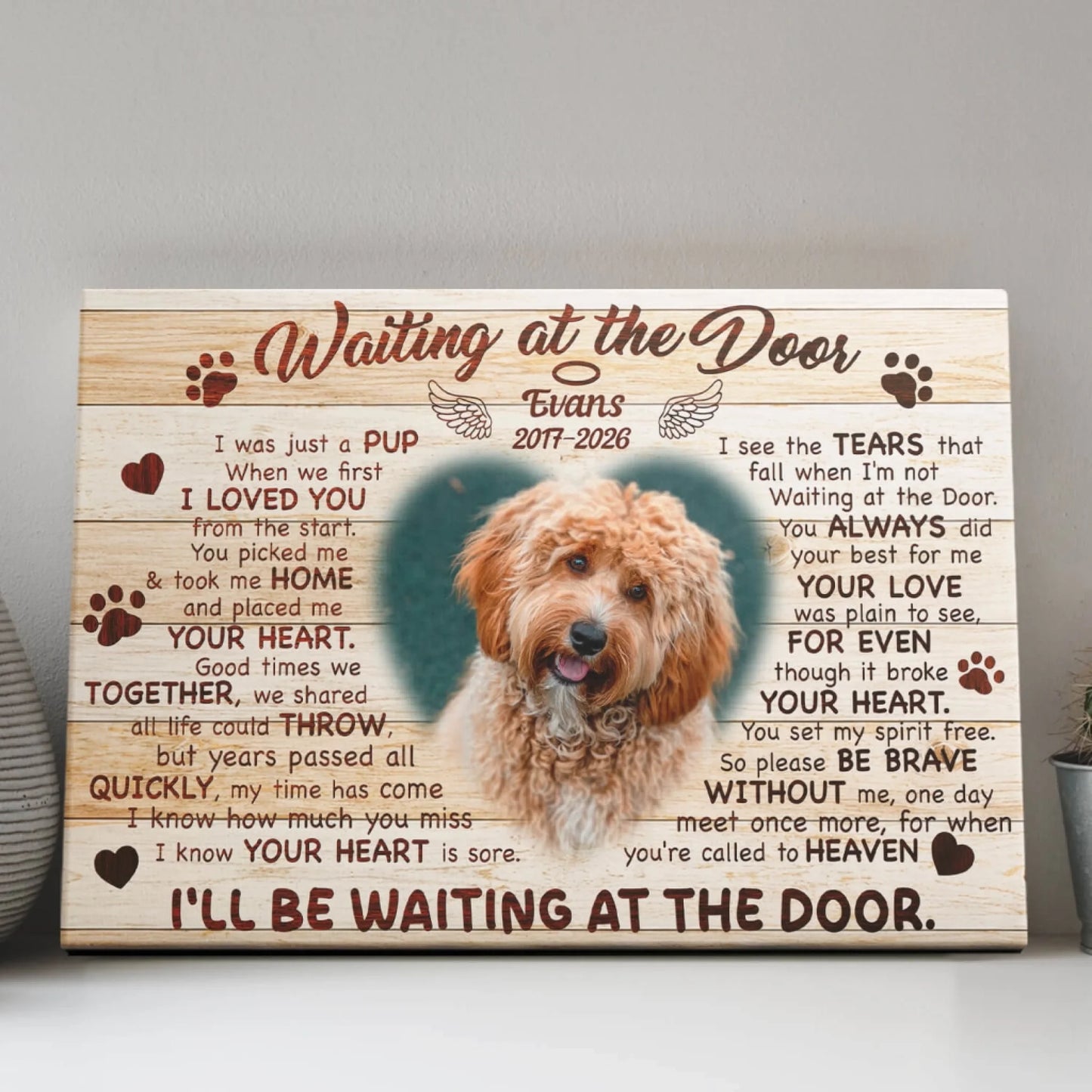 Personalized pet sympathy canvas with a dog portrait and poem, a thoughtful bereavement gift for grieving pet owners.