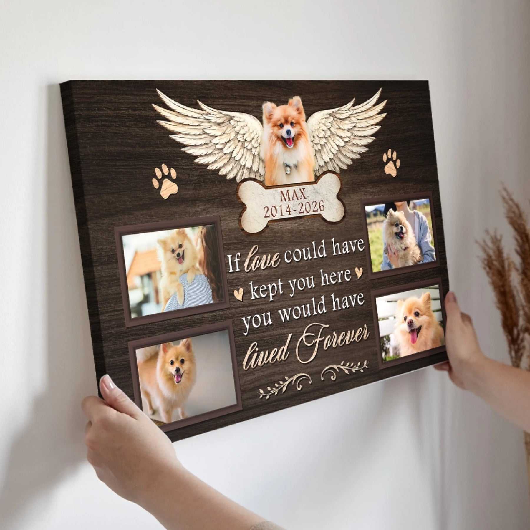 Custom pet memorial canvas featuring four photos, angel wings, and a sentimental quote for honoring a beloved dog.
