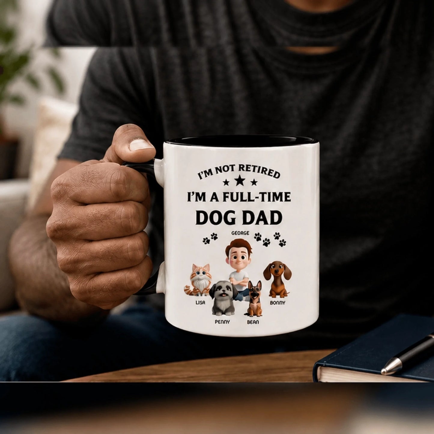 Personalized dog dad mug with a cartoon character and pet illustrations, perfect for a unique pet lover gift.