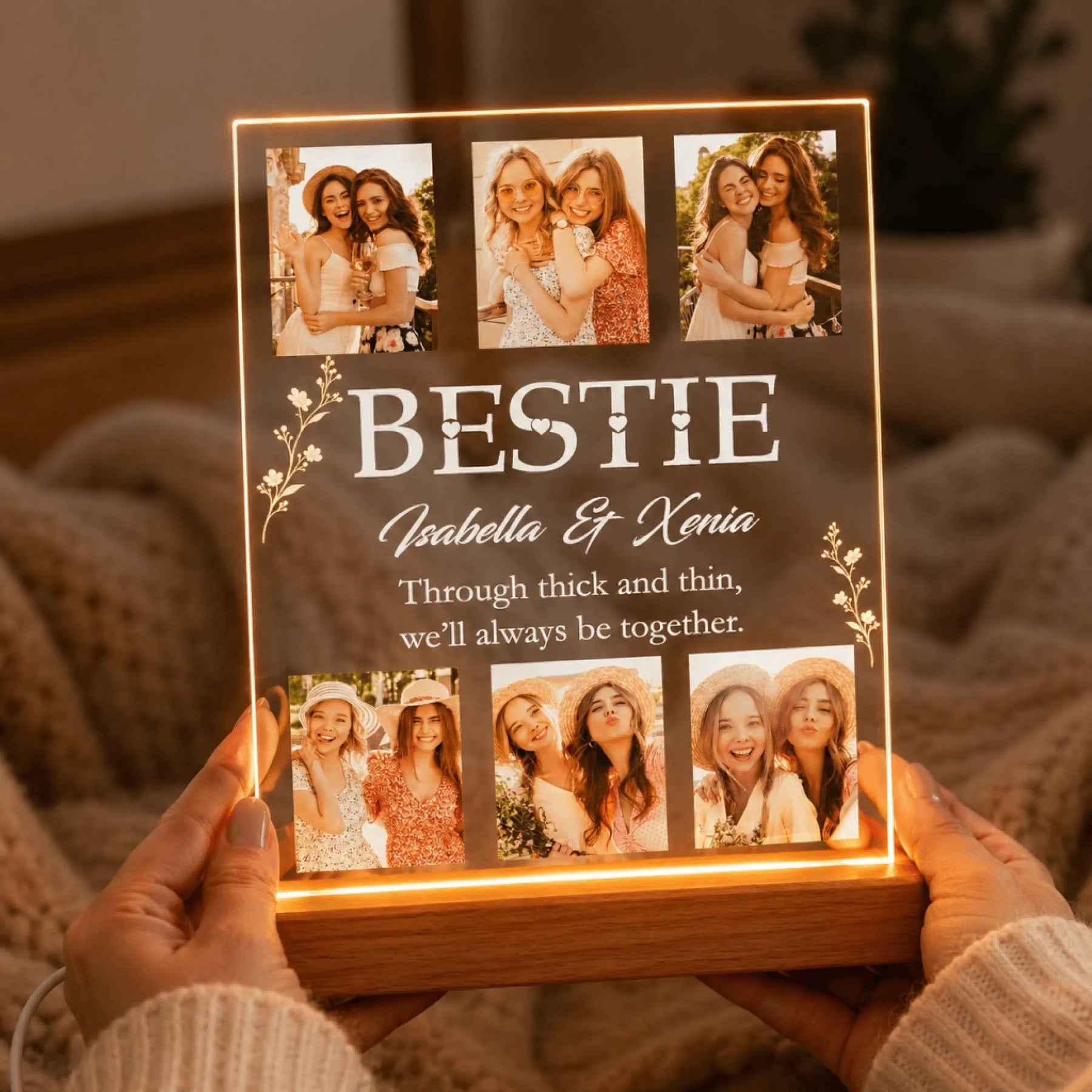 Handheld personalized acrylic night light with six photos and custom text for a best friend birthday or anniversary.