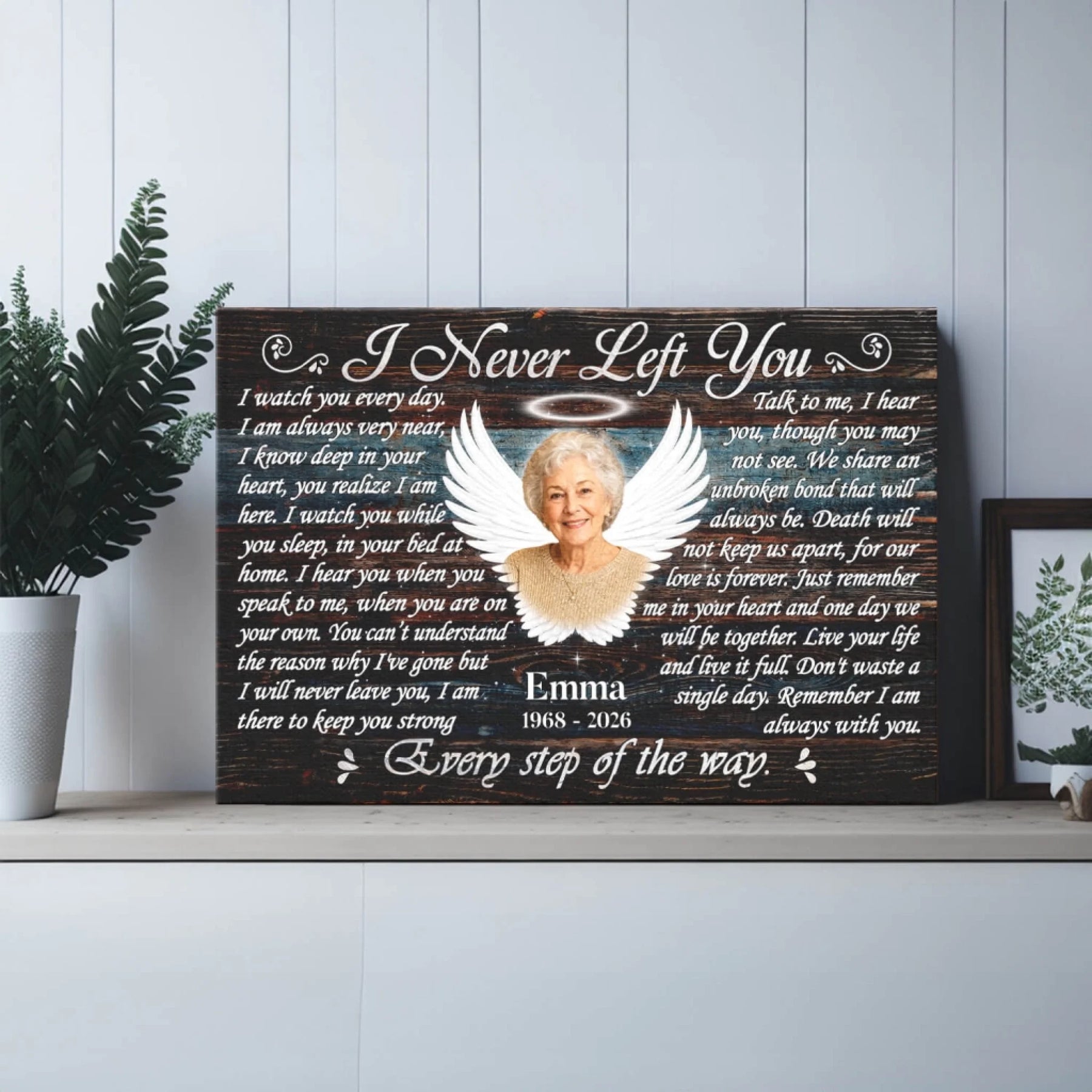 Personalized memorial canvas with custom angel wings photo and text for a beautiful sympathy home tribute.