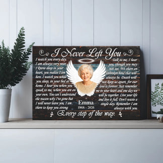 Personalized memorial canvas with custom angel wings photo and text for a beautiful sympathy home tribute.