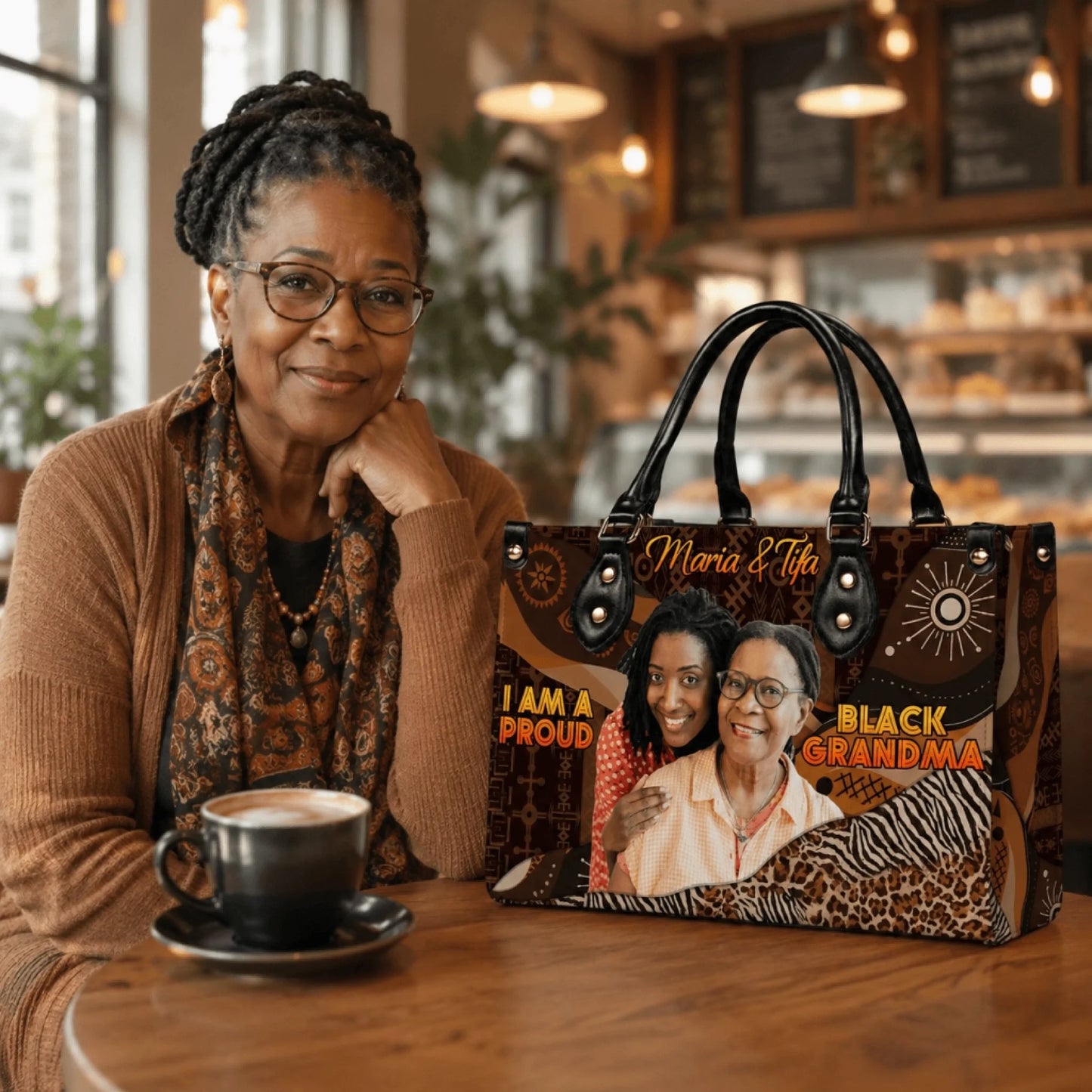 An elderly woman smiling beside a personalized handbag featuring a custom photo and Black Grandma text with African decor.