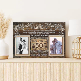 A decorative 50th anniversary canvas displayed on a shelf with a wooden sign style and custom photo personalization.