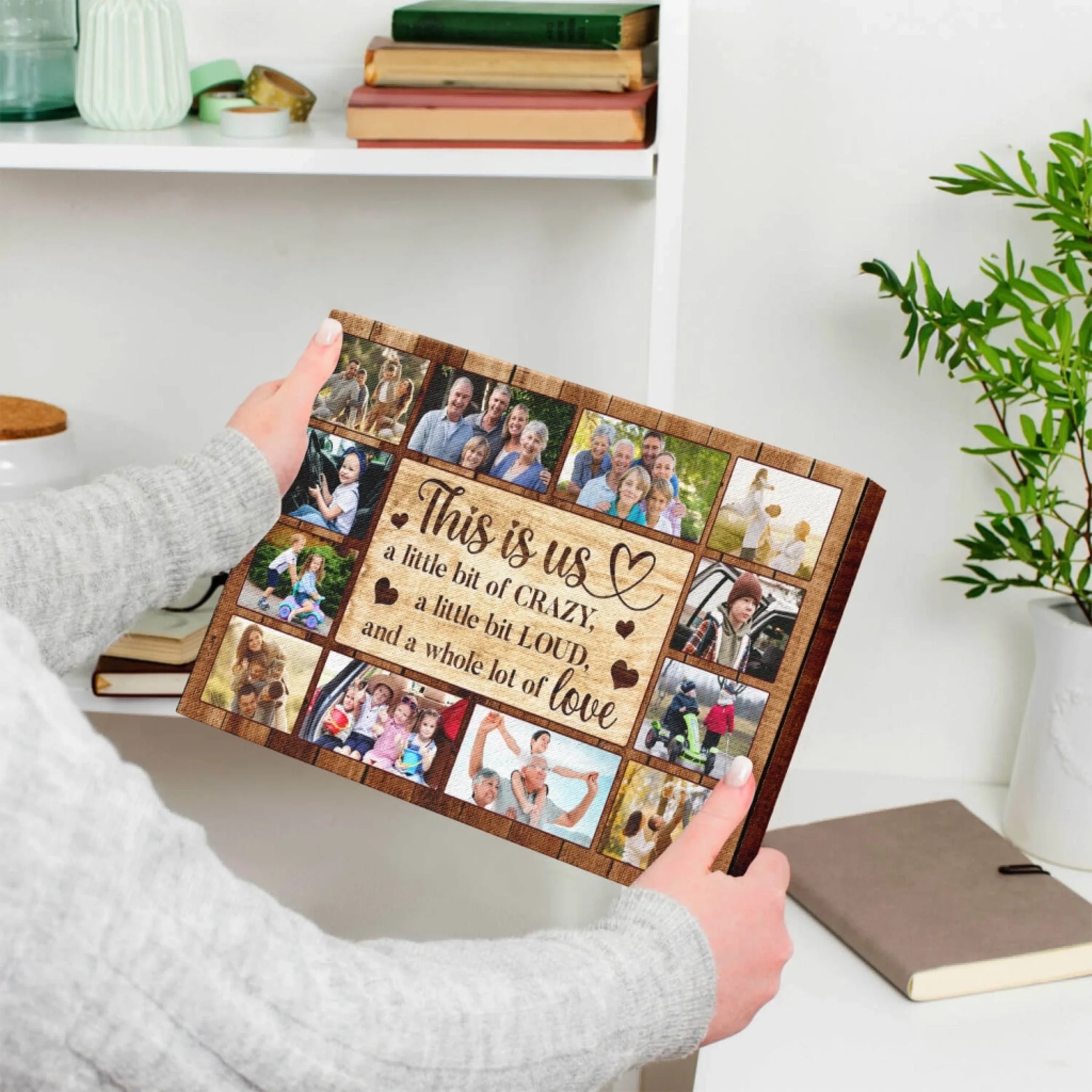Hands holding a custom photo collage canvas featuring family memories and the text This is us a little bit of love