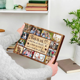 Hands holding a custom photo collage canvas featuring family memories and the text This is us a little bit of love