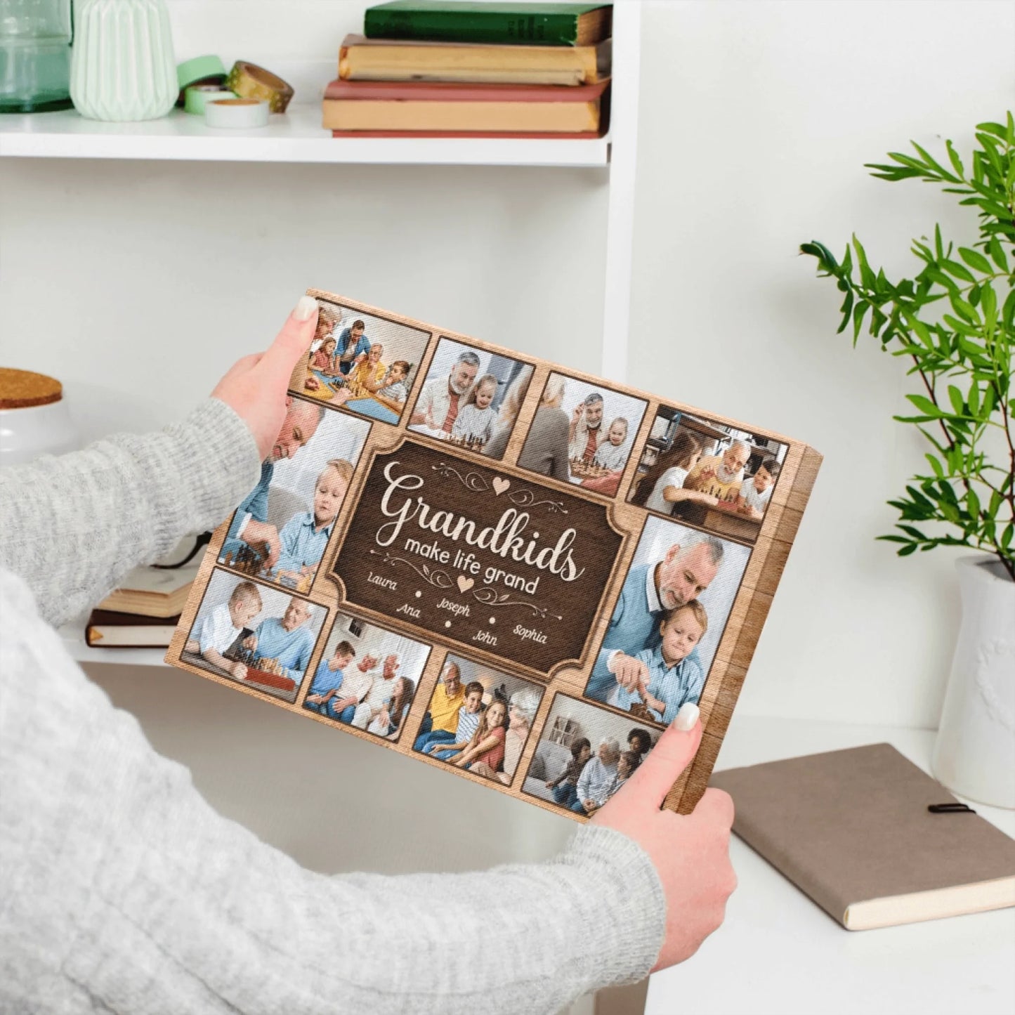 Personalized tabletop wooden sign featuring grandkids make life grand quote and multiple custom family photos.