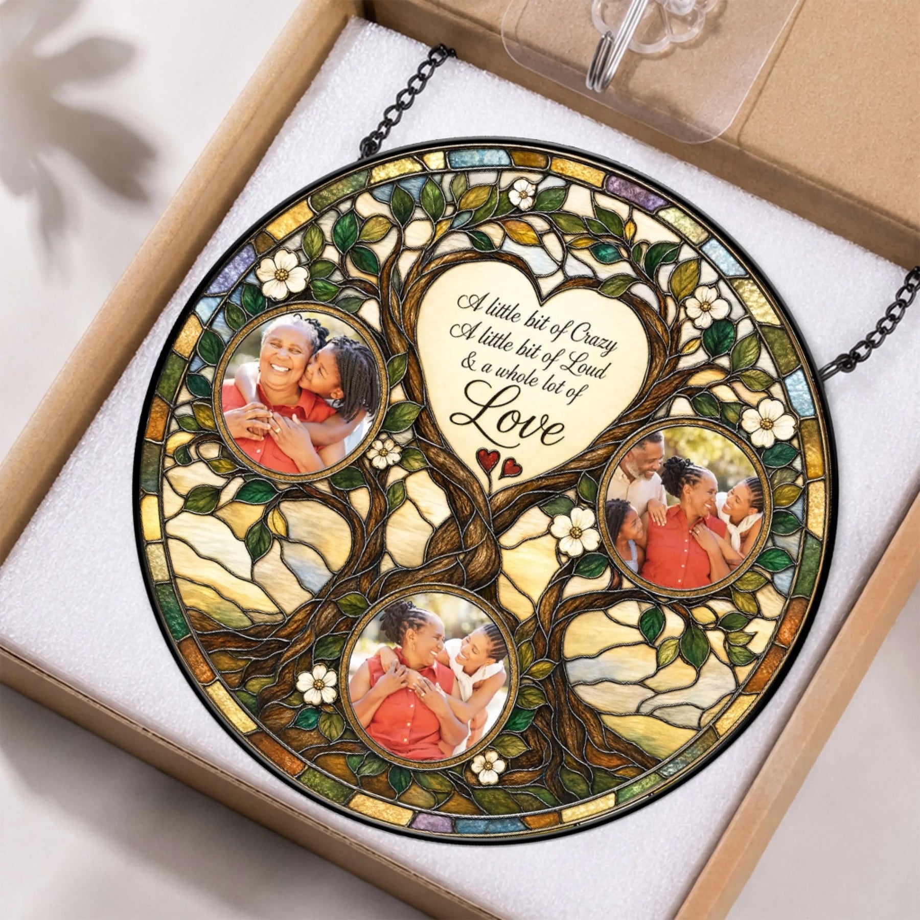 Personalized family tree stained glass ornament featuring three photo frames, presented in a gift box packaging.