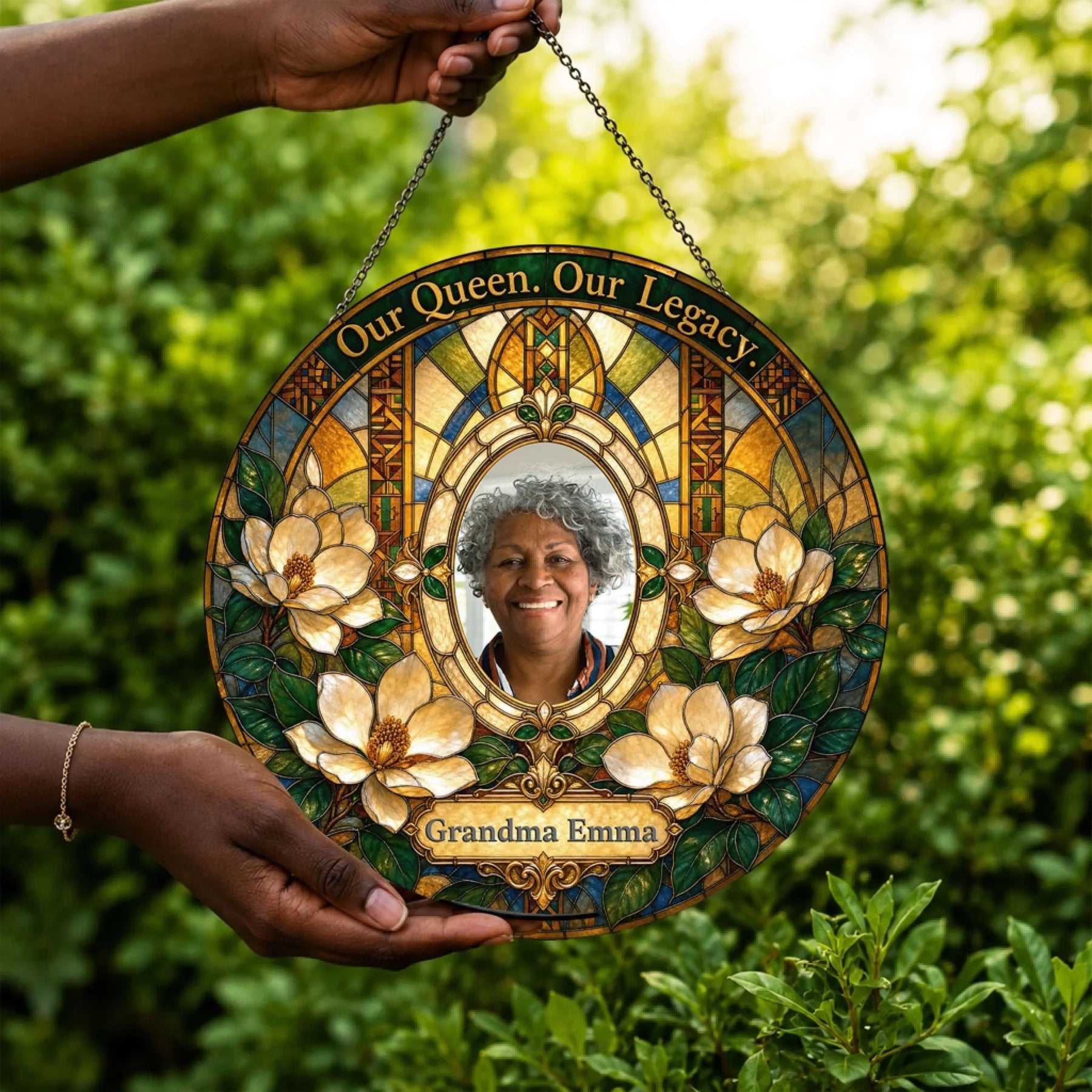 Round stained glass memorial suncatcher with floral art and custom photo of Grandma Emma with Our Queen Our Legacy text.