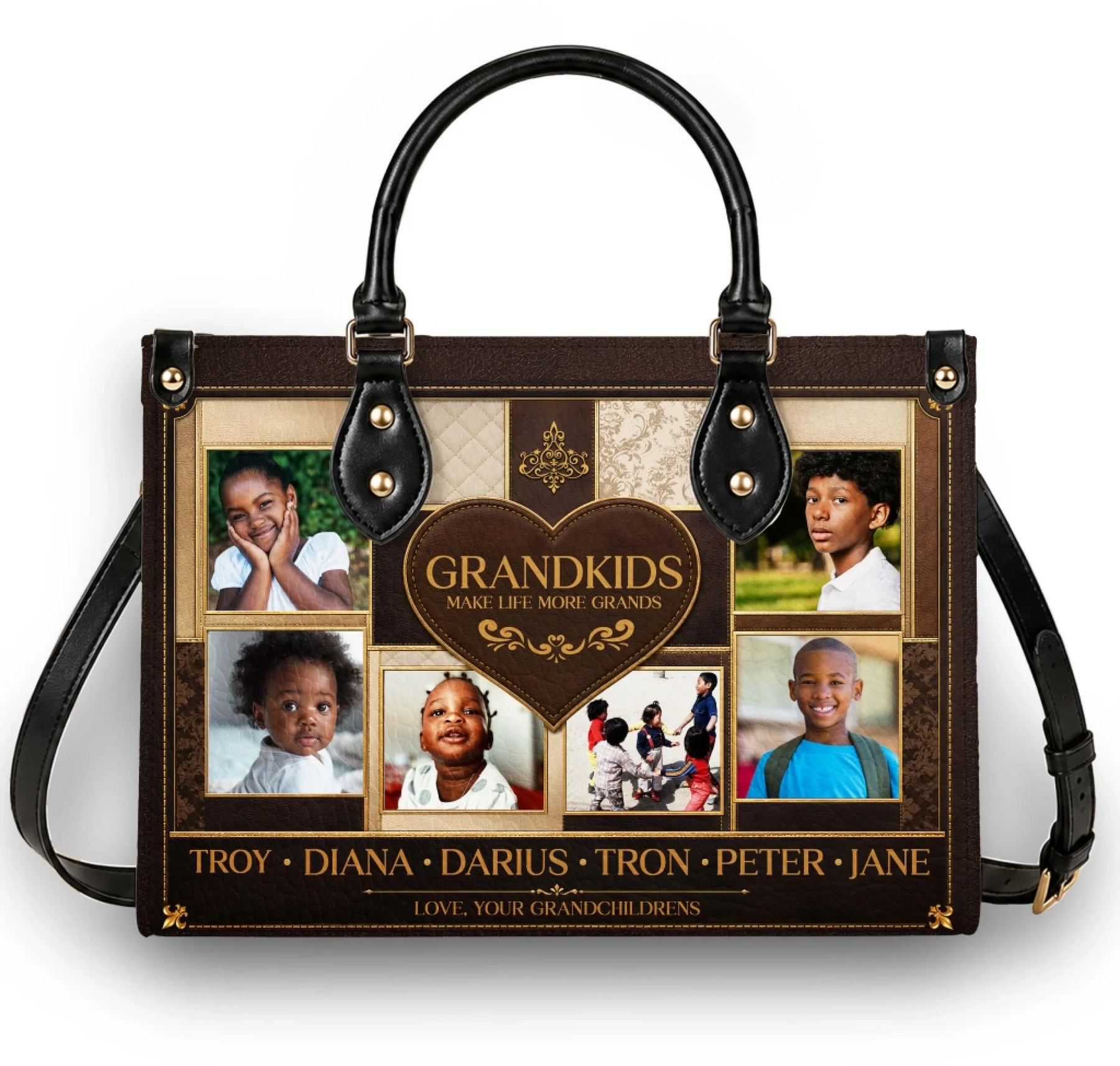 Customized handbag for grandma displaying multiple photos of grandchildren and a heartfelt quote for a family gift.